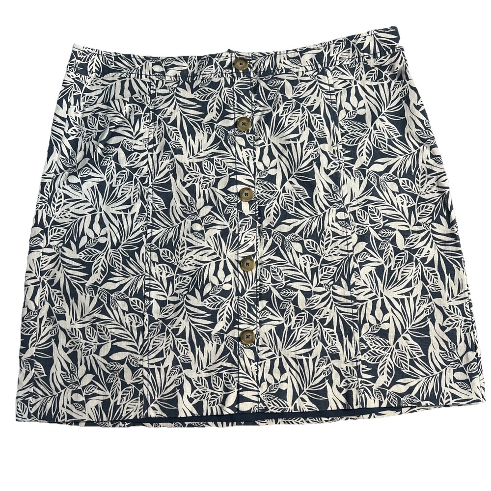 LOFT Navy Blue White Tropical Leaf Button Front A-Line Mini Skirt Size 16T